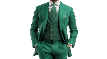 PNG of Stylish African American man in a vibrant green suit, exuding confidence and elegance.