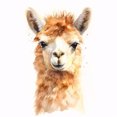 Obraz premium Watercolor illustration of a fluffy, light brown alpaca