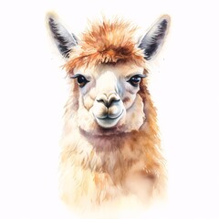 Obraz premium Watercolor portrait of a llama with soft fur in a white background
