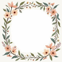 Elegant floral wreath with peach blossoms and green leaves, a beautiful botanical frame for wedding invitations or greeting cards