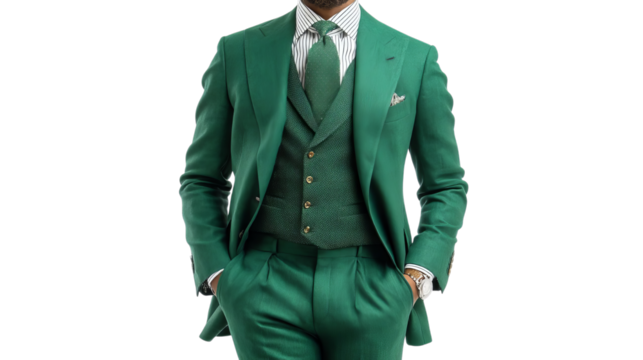 PNG of Stylish African American man in a vibrant green suit, exuding confidence and elegance.
