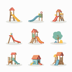 Collection of colorful children's playground slides and outdoor equipment. Vector illustration set of play structures for parks and recreation