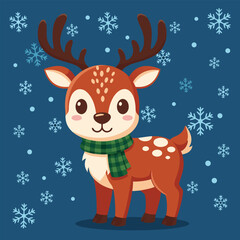 Cute Cartoon Reindeer Wearing a Scarf and Standing in the Snow