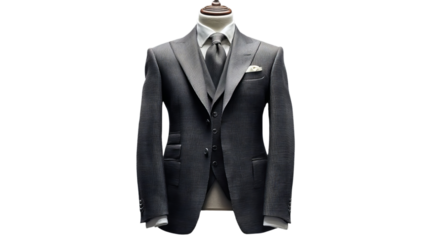 PNG of Elegant gray men's suit displayed on a mannequin, tailored to perfection with a stylish vest and tie.