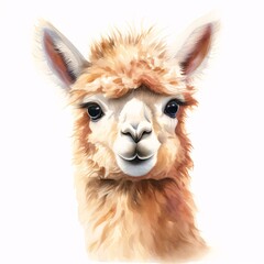 Obraz premium Charming watercolor painting of an alpaca with a fluffy coat in a portrait style