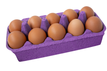 Close-up shot of brown chicken eggs arranged in a vibrant purple cardboard tray on a clean white background.