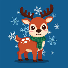 Cute cartoon reindeer with scarf and snowflakes, perfect for holiday season illustrations
