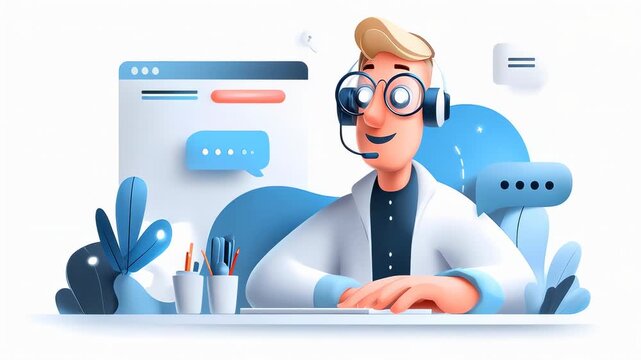 A cartoon-style customer service representative with glasses and headphones working at a computer with colorful interface elements in the background.