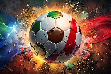 Fototapeta premium Vibrant Soccer Ball With Italian Flag Colors And Dynamic Explosive Background For Sports Promotions