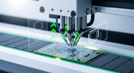 Futuristic industrial automation concept showing a robotic arm with a digital interface for precise electronics manufacturing on a production line