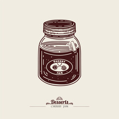 Glass jar of sweet cherry jam. Vintage linear illustration. Line art