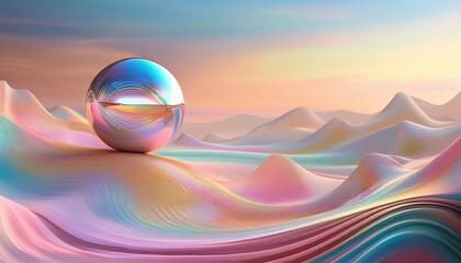 a pearlescent sphere with iridescent rings orbits in a soft pastelcolored dreamlike landscape of undulating forms