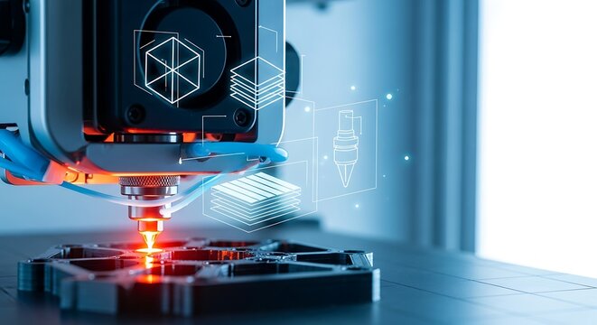 3D Printing Process A close-up of a 3D printer creating a layered object with digital design visuals
