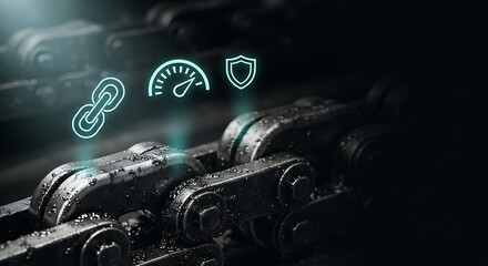 Conceptual image of a robust digital ledger system, showcasing speed, security, and connectivity with glowing icons over a strong chain