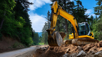 Excavator digging soil for future road foundation, early stage infrastructure work, with copy space