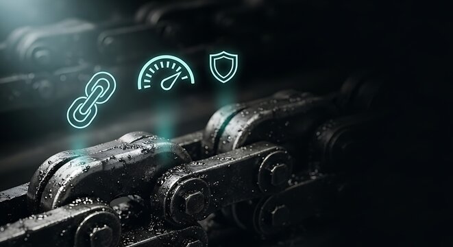 Conceptual image of a robust digital ledger system, showcasing speed, security, and connectivity with glowing icons over a strong chain