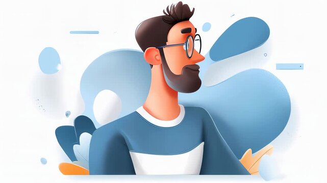 A digital illustration of a man with glasses and a beard, surrounded by abstract shapes in blue tones.