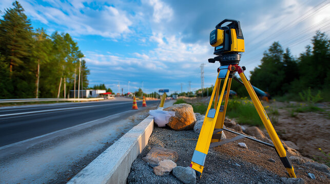 Surveying equipment set up on roadside for precise land measurement during construction, with copy space