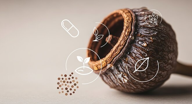 Natural plant-based medicine concept with eucalyptus pod and scientific icons for herbal supplements and botanical research