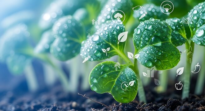 Modern agricultural technology concept showing young plant sprouts growing in rich soil with futuristic digital icons for smart farming