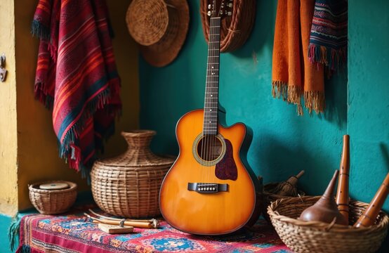 Wooden acoustic guitar stands by vibrant Andean textiles, woven baskets, traditional flutes. Colorful patterned fabric covers display surface. Artisan crafts arranged against teal, yellow walls, - Powered by Adobe