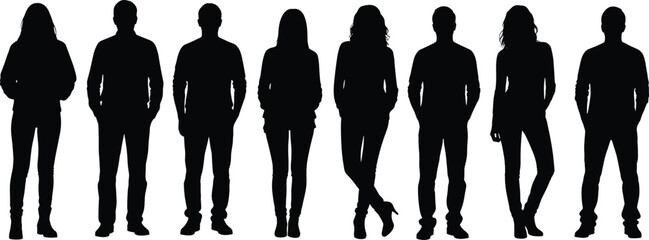 Set of Eight Black Silhouette Vector Illustrations of Young Adult Men and Women Standing in Casual Clothes and Different Poses