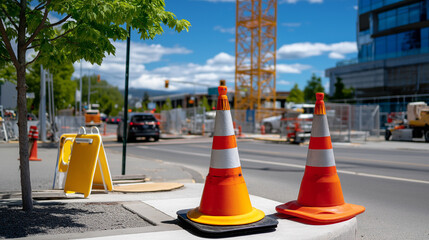 Traffic diverted near active construction area with cones and temporary signs, safety measures, with copy space