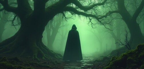 Dark figure in hooded cloak stands on path in misty green forest. Ancient mossy trees with bare branches loom over dark woods. Atmosphere feels spooky and mysterious, surreal fantasy scene.