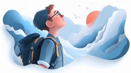 A character standing outdoors, wearing glasses and a backpack, looking up at a mountain landscape with a sunset in the background.