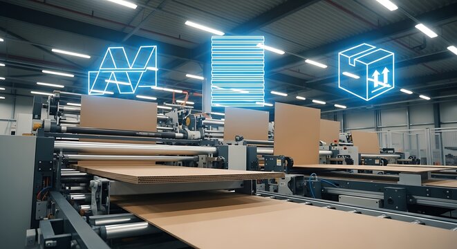 Modern corrugated cardboard production line using advanced technology for smart logistics and supply chain automation - Powered by Adobe