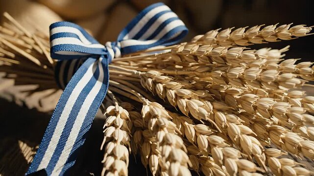 Wheat bundle with a blue and white ribbon on a wooden table, harvest celebration
