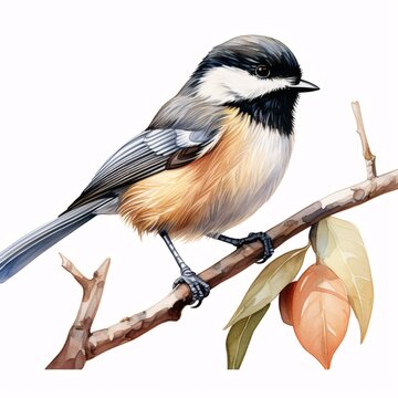 Watercolor painting of a chickadee bird perched on a branch with leaves