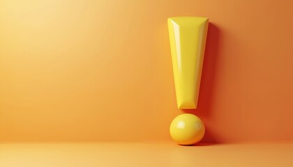 3D render illustration of large yellow exclamation point on orange background. Symbol of alert caution warning important notice. Creative modern design element.