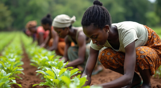 African women work on farm field. Farmers cultivate crops in rural field. Laborers plant seedlings. Agriculture sustains families, communities. Sustainable farming practices essential for food