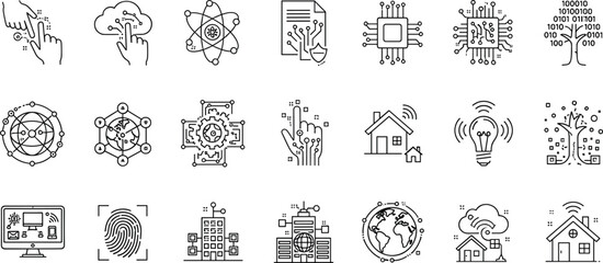 Large Set of Outline Vector Icons Representing Digital Technology, Cloud Computing, IoT, and Cybersecurity Concepts, Including CPU