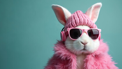 White rabbit wears pink knit hat, sunglasses, and fluffy coat. Animal listens to music with headphones. Soft background complements its stylish, cool look.