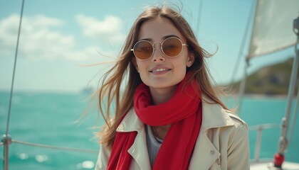 Smiling woman with sunglasses and red scarf on sailboat deck enjoys windy sea journey. Her hair blows in breeze under clear blue sky and sun.