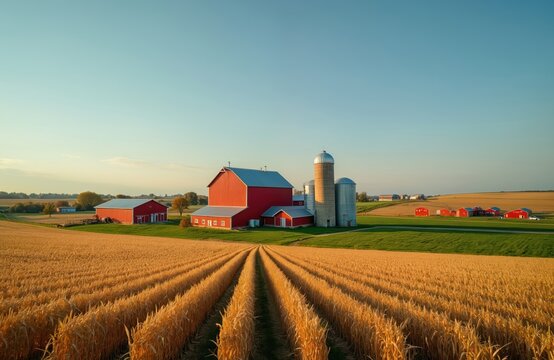 Rural landscape with red barns and silos on farmland. Golden wheat field in foreground under clear blue sky. Agricultural scene at sunny day. Peaceful country estate.