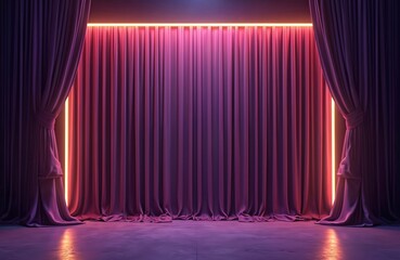 Theater stage with purple velvet curtains illuminated by neon lights. Interior design concept includes performance art and show backdrop. Stage with a red neon frame and curtains in a theater.