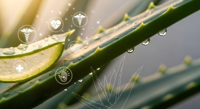 Fresh aloe vera with water drops and health icons, symbolizing natural healing, organic skincare, and herbal medicine for holistic wellness and a healthy lifestyle