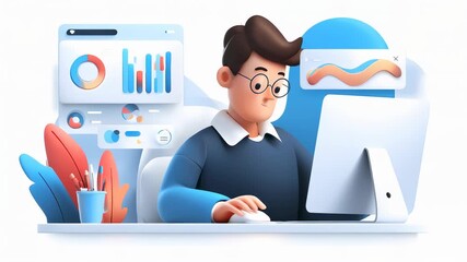 A digital illustration of a young man working at a computer with graphs and charts in the background. - Powered by Adobe