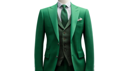 PNG of A striking green suit for men, featuring a tailored jacket and vest, exuding elegance and sophistication.