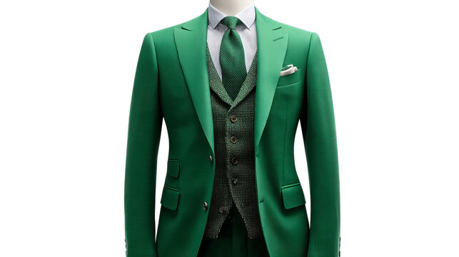 PNG of A striking green suit for men, featuring a tailored jacket and vest, exuding elegance and sophistication.