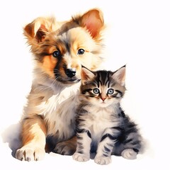 Obraz premium Watercolor painting of a puppy and kitten sitting together