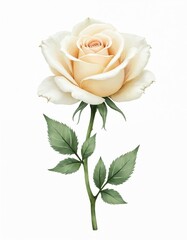 Fototapeta premium Hand drawn watercolor of a creamy white rose with green leaves isolated on white background. Delicate floral illustration suitable for artistic designs.