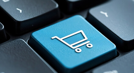 Close-up shot of a blue computer key with a shopping cart icon, representing online commerce.