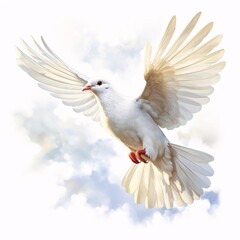 Obraz premium White dove gracefully soaring through the sky with its wings spread wide