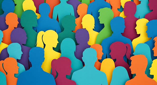 Colorful paper cutouts of diverse people representing community and unity, a vibrant display. - Powered by Adobe