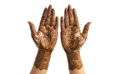 Creative portrayal of hands adorned with elaborate mehndi emphasizing festive decoration, traditional celebration, and artistic expression isolated on transparent background PNG