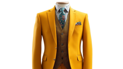 PNG of Stylish men's yellow suit with floral tie and patterned vest, exuding confidence and modern elegance.